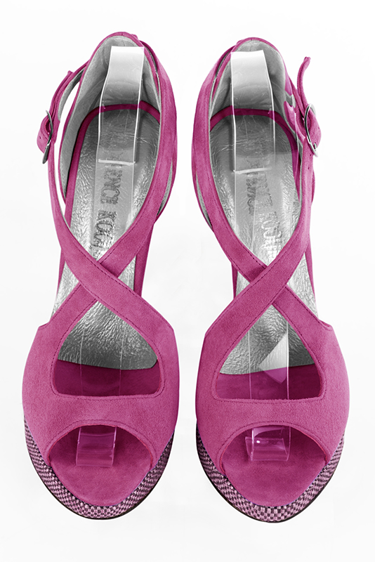 Shocking pink women's closed back sandals, with crossed straps. Round toe. Very high slim heel with a platform at the front. Top view - Florence KOOIJMAN